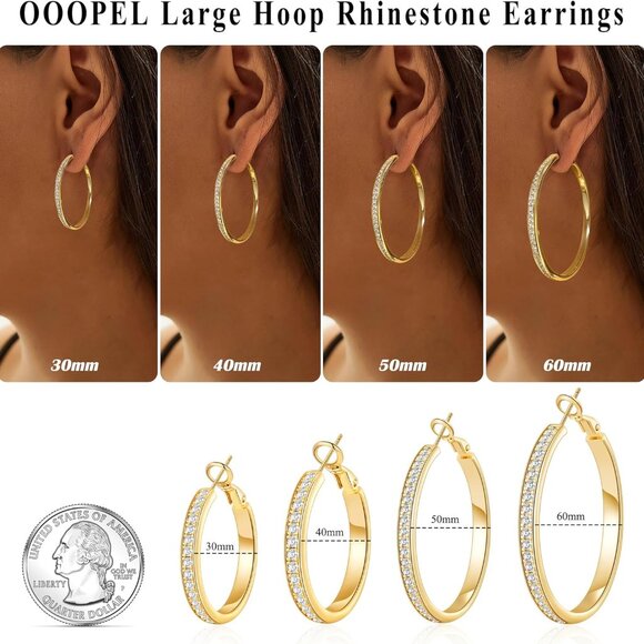 Gold Large Rhinestone Hoop Earrings 40mm for Women, Sterling Silver & Gold Plate - Picture 6 of 8